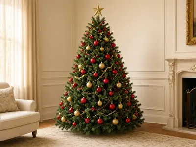Árbol de Navidad clásico decorado en rojo y dorado