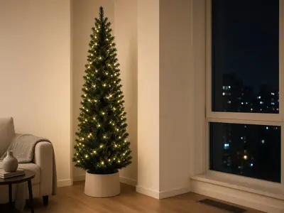 Árbol de Navidad estrecho en un rincón